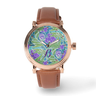 PURPLE FLEUR DE LIS ,GREEN LEAVES AQUA BLUE FLORAL WATCH