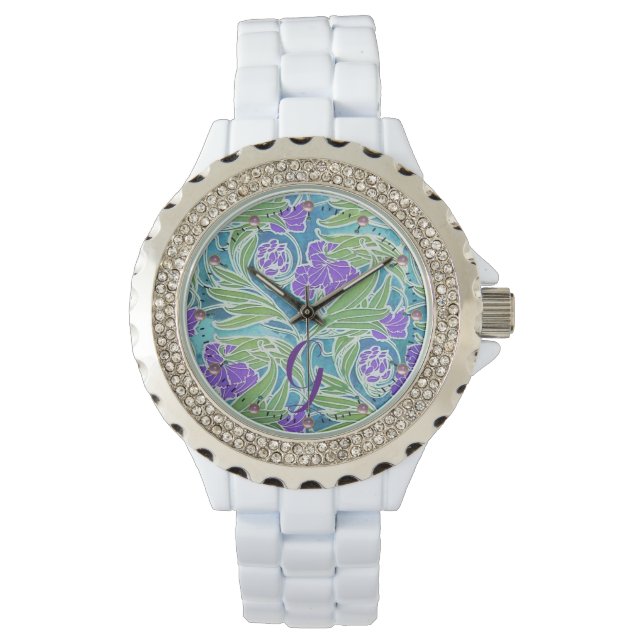 PURPLE FLEUR DE LIS ,GREEN LEAVES AQUA BLUE FLORAL WATCH (Front)