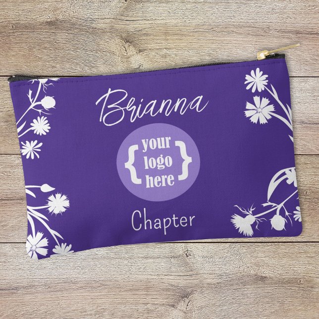 Purple, Fleurs Blanches, Sac De Maquillage Logo (Personalized purple makeup bag, pencil pouch, zipper with girl's youth organization logo)