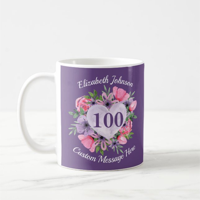 Purple Floral 100e Anniversaire Mug pour femmes (Gauche)
