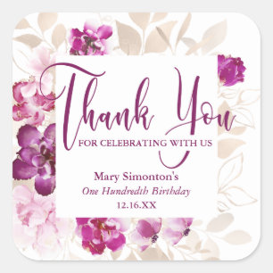 Purple Floral 100th Birthday Thank You Sticker