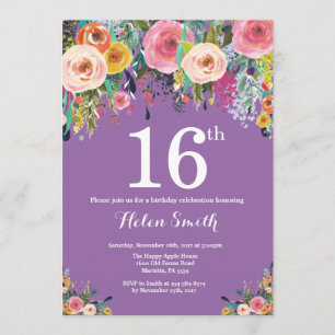 Purple Floral 16e anniversaire Invitation
