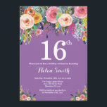 Purple Floral 16th Birthday Invitation<br><div class="desc">Purple Floral 16th Birthday Invitation for Girl. Watercolor Floral Flower. Purple Lilac Lavender Violet Background. Pink, Yellow, Orange, Purple Flower. Kids Birthday. 13th 15th 16th 18th 20th 21st 30th 40th 50th 60th 70th 80th 90th 100th, Any Ages. For further customization, please click the "Customize it" button and use our design...</div>
