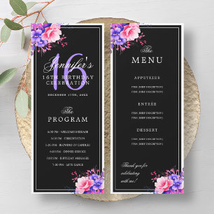 Purple Floral 16th Birthday Program Menu Black