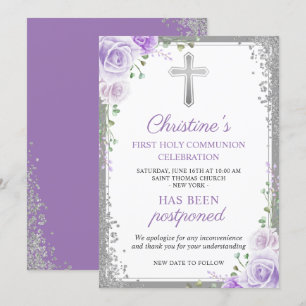 Purple Floral 1st Communion Postponed Announcement
