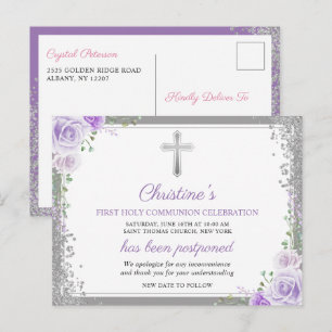 Purple Floral 1st Communion Postponed Announcement Postcard