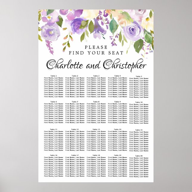 Purple Floral 20-Table Wedding Seating Chart (Front)