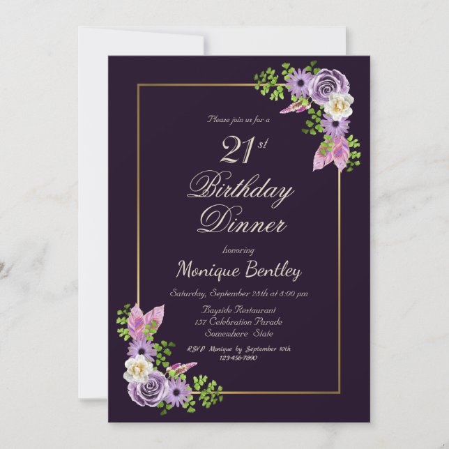 Purple Floral 21st Birthday Dinner Invitation (Front)