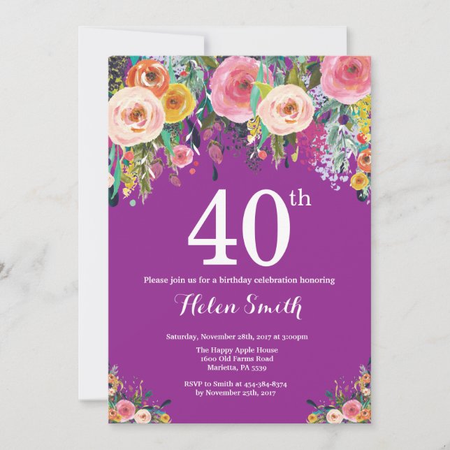 Purple Floral 40e anniversaire Invitation (Devant)