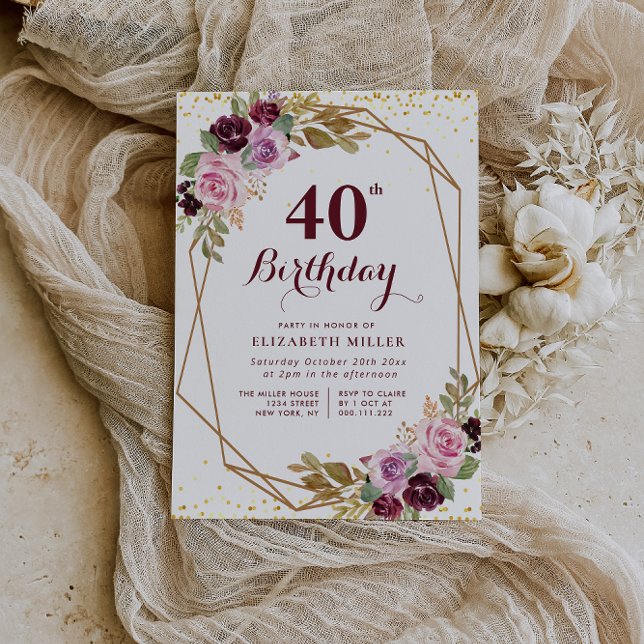 purple floral 40th birthday party invitation (Creator Uploaded)