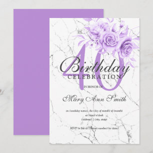 Purple Floral 40th Birthday Party Marble  Invitation