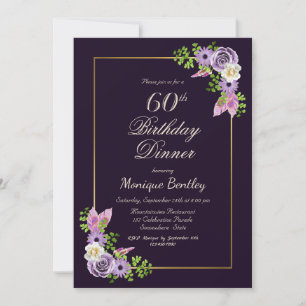 Purple Floral 60th Birthday Dinner Invitation