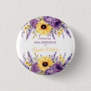 Purple floral 60th birthday party 1 inch round button