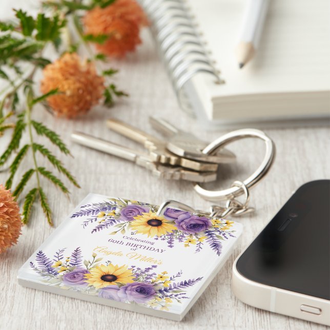 Purple floral 60th birthday party keychain (Front Right)