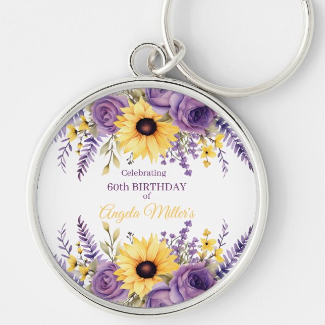 Purple floral 60th birthday party keychain (Front)