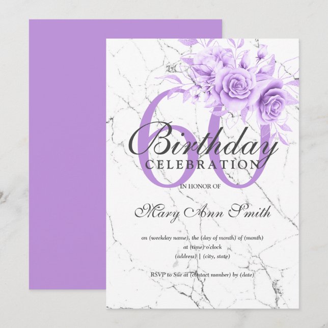 Purple Floral 60th Birthday Party Marble  Invitation (Front/Back)