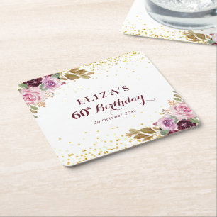 Purple floral 60th birthday party square paper coaster