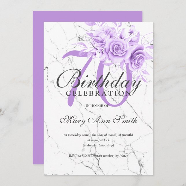 Purple Floral 70th Birthday Party Marble Invitation (Front/Back)