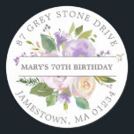 Purple Floral 70th Birthday Return Address Label<br><div class="desc">Add a special touch to your birthday invitation envelopes with this elegant round design. It features a bouquet of purple roses in the centre. Sage green leaves give it a rustic botanical vibe. The name is written across the centre on a white strip, and the address is added in curved...</div>