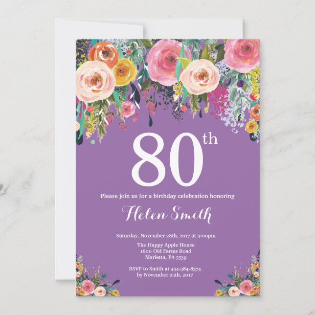 Purple Floral 80e anniversaire Invitation (Devant)