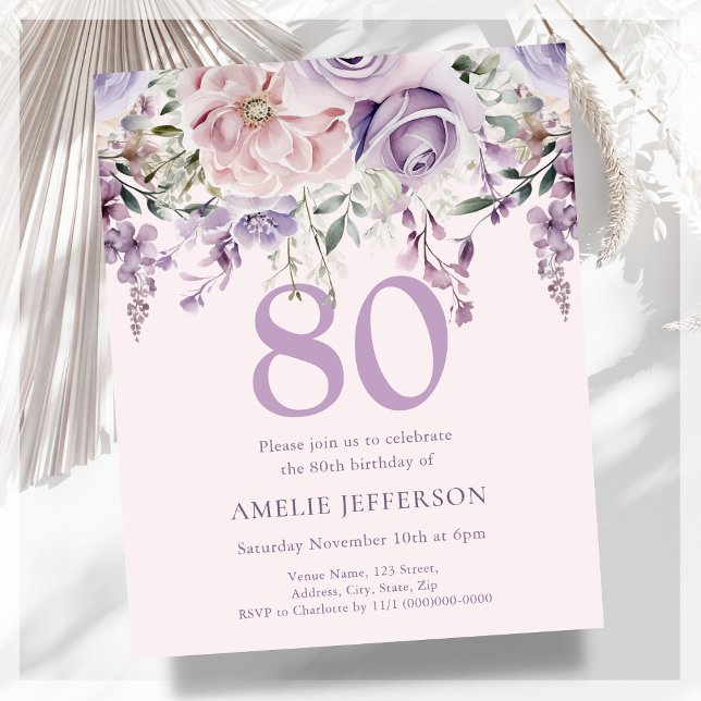 Purple Floral 80th Budget Birthday Invitation (Creator Uploaded)