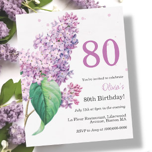 Purple Floral   80th Budget Birthday Invitation