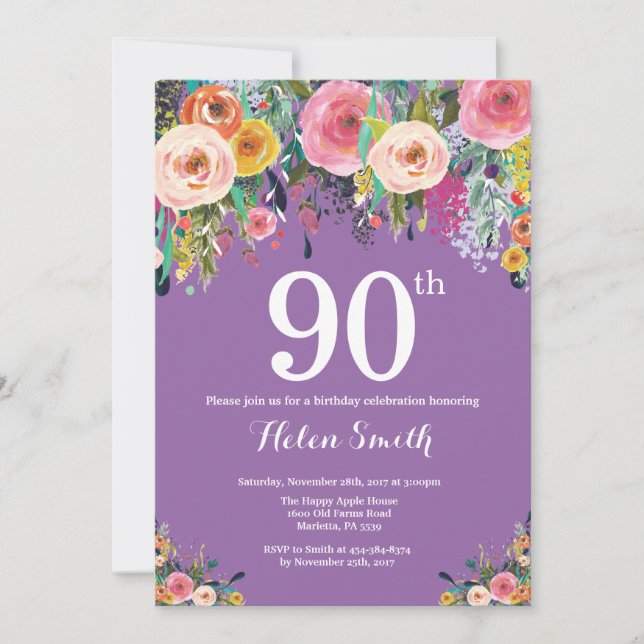 Purple Floral 90e anniversaire Invitation (Devant)