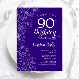 Purple Floral 90th Birthday Party Invitation
