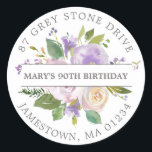 Purple Floral 90th Birthday Return Address Label<br><div class="desc">Add a special touch to your birthday invitation envelopes with this elegant round design. It features a bouquet of purple roses in the centre. Sage green leaves give it a rustic botanical vibe. The name is written across the centre on a white strip, and the address is added in curved...</div>