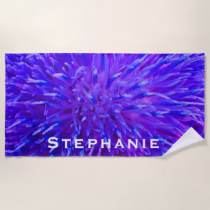 Purple Floral Abstract with White Name Beach Towel