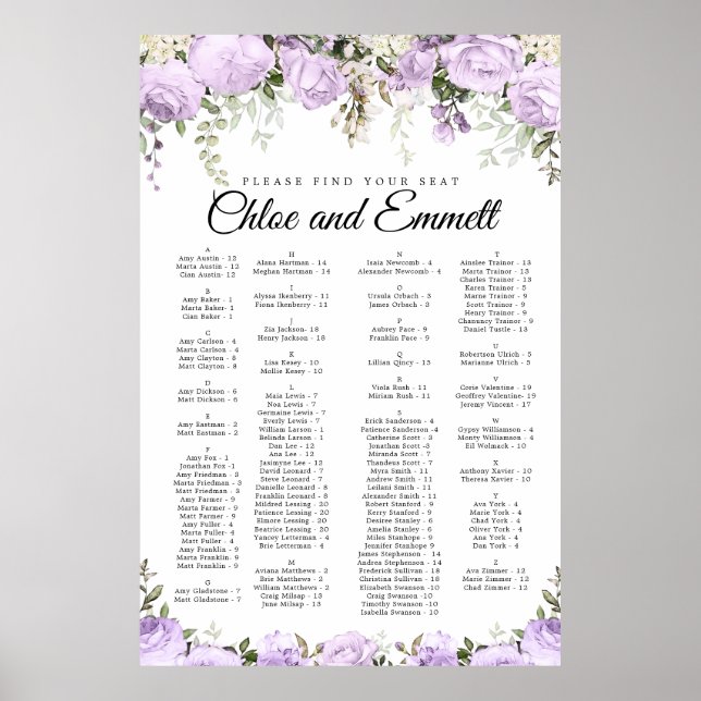 Purple Floral Alphabetical Wedding Seating Chart (Front)