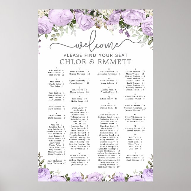 Purple Floral Alphabetical Wedding Seating Chart (Front)