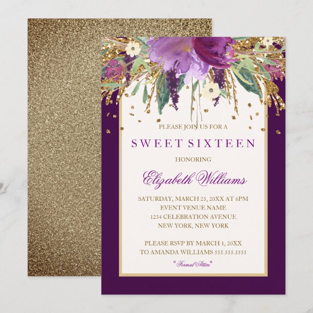 Purple Floral Amethyst Sweet Sixteen Invitation (Front/Back)