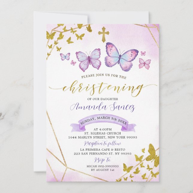 Purple Floral and Butterfly Christening Invitation (Front)