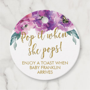 Purple Floral and Gold Baby Shower Pop It Favour Tags
