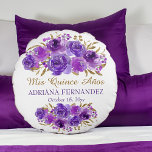 Purple Floral and Gold Leaf Quinceanera Keepsake Round Pillow<br><div class="desc">Purple Rose and Gold Leaf Floral Quinceanera keepsake pillow with fully editable text. Elegant framed design with watercolor rose flower blooms and leaves in shades of purple lilac lavender mauve and gold. Modern chic design for your 15th birthday celebration. Please browse my Rose and Gold Leaf Collection for matching products...</div>