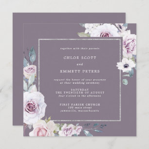 Purple Floral and Silver Frame Square Wedding Invitation