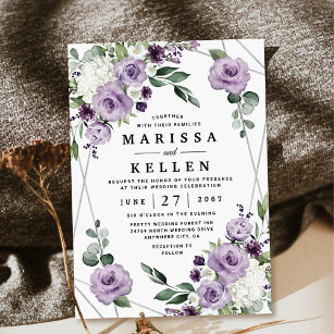 Purple Floral and Silver Geometric Elegant Wedding Invitation