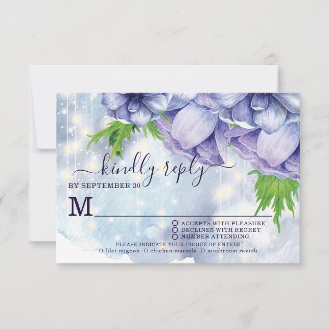 Purple Floral Anemone Wedding Meal Choice RSVP Card (Front)