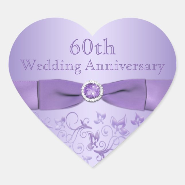 Purple Floral Anniversary Heart Shaped Sticker (Front)