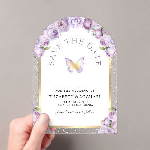 Purple Floral Arch Butterfly Wedding Save the Date Acrylic Invitations