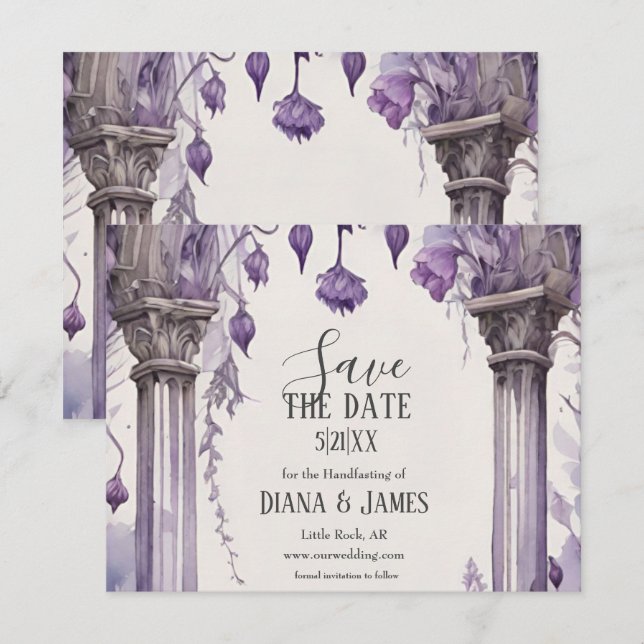 Purple Floral Arch Pagan Handfasting Save The Date (Front/Back)