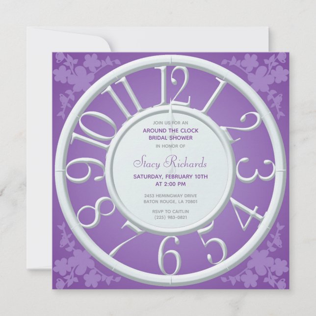 Purple Floral Around the Clock Shower Invite (Front)