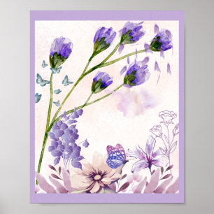 Purple Floral Art Poster Watercolor Flowers & Bu