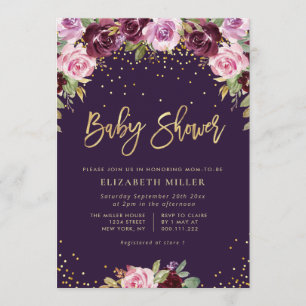 purple floral baby shower invitation