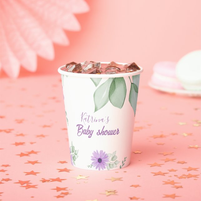 Purple Floral Baby Shower Paper Cups Personalized (Insitu)