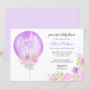Purple floral balloon ready to pop baby shower invitation