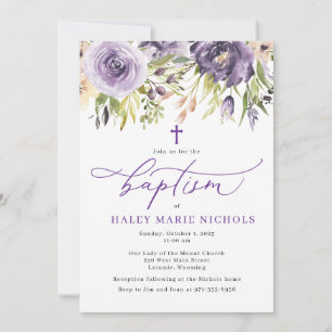Purple Floral Baptism Invitation