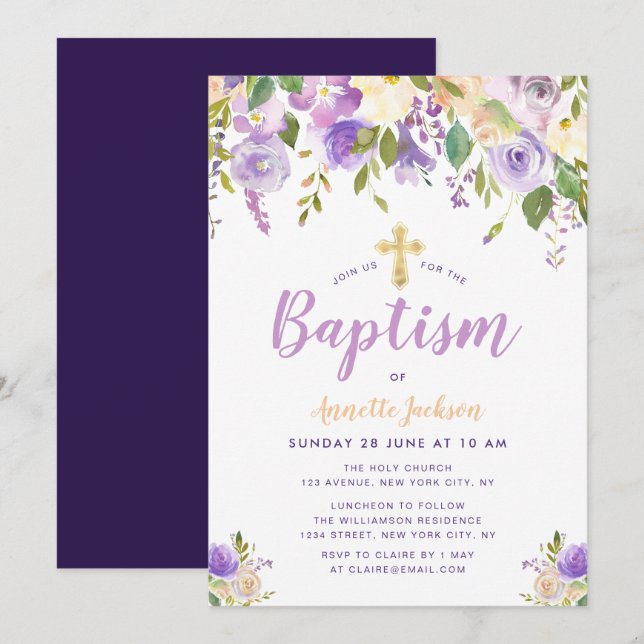 purple floral baptism invitation (Front/Back)