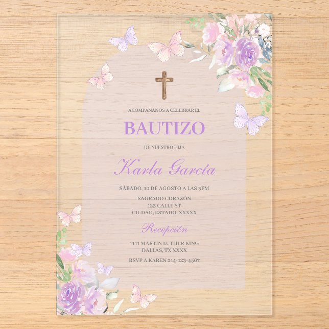 Purple Floral Baptism Spanish Invitation (Front)